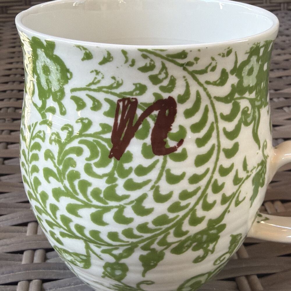 ANTHROPOLOGIE Monogram Initial "N" Coffee Tea Cup Mug HOMEGROWN Green Floral - Picture 2 of 10